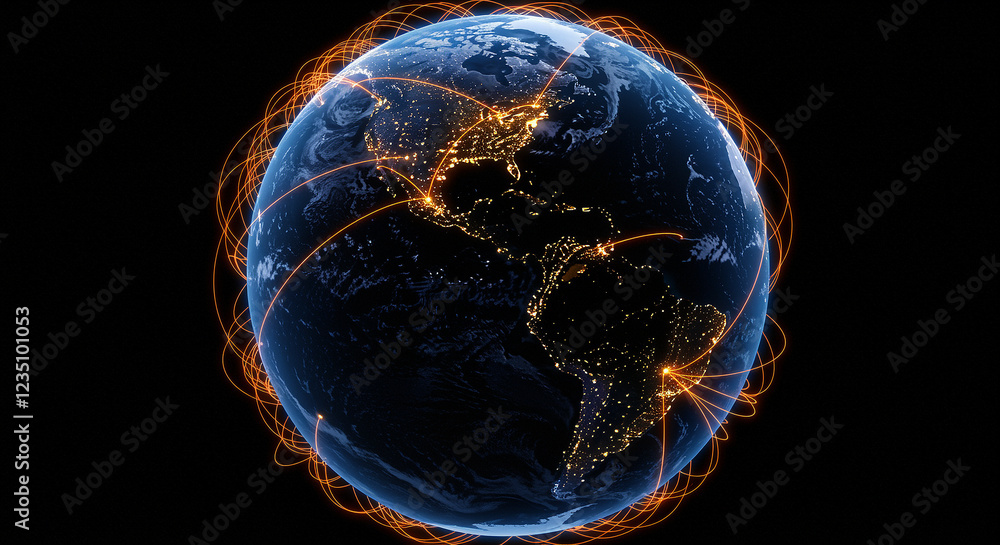 Poster earth with global network connections. the earth is surrounded by orange network connections. the gl