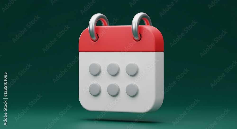 Poster calendar icon 3d rendering. 3d calendar icon with red top and grey dots