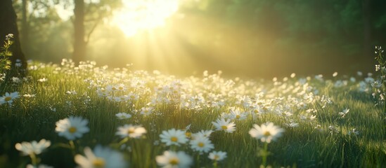 Obraz premium Sunrise daisies meadow, forest backdrop