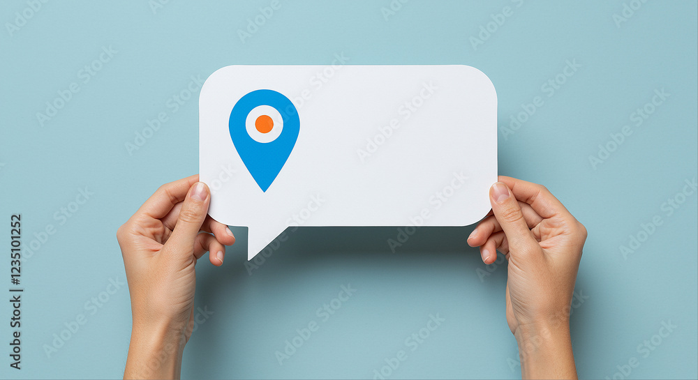 Aufkleber speech bubble with location marker held by hands. white speech bubble with blue location marker and 
