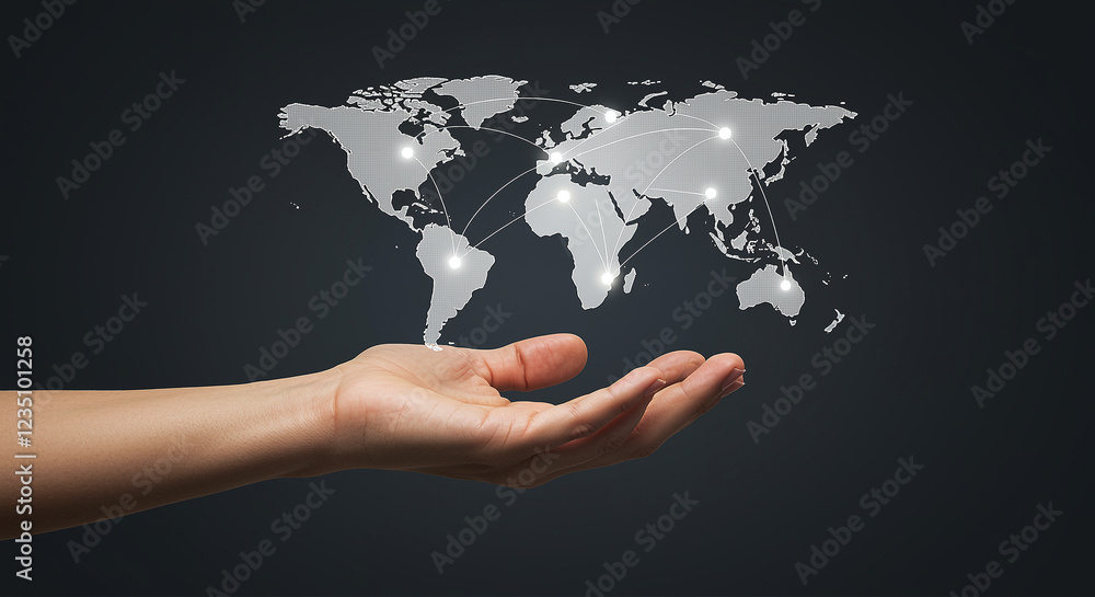 Aufkleber hand holding world map. global network connection concept with hand and world map. hand with world m
