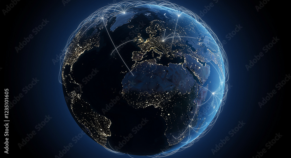 Poster earth global network connection at night. earth connection with global network lines. global network