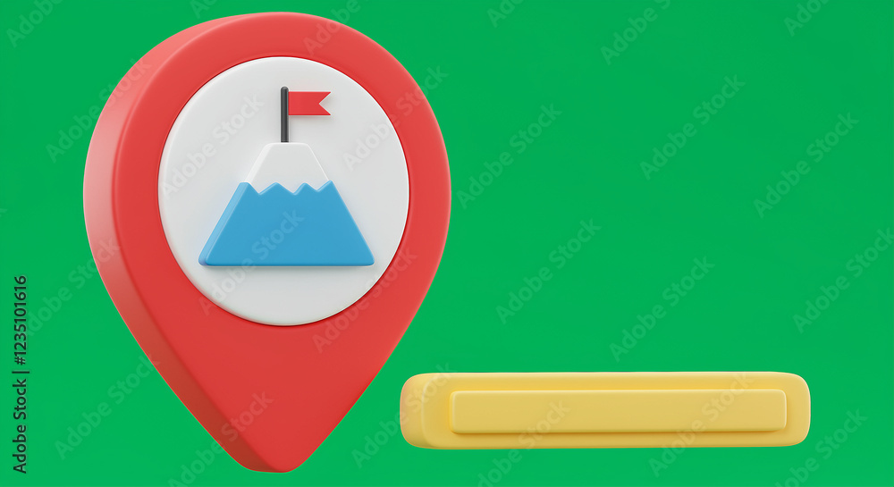 Poster map pin with mountain and flag icon on green background. location map pin with mountain and flag sym
