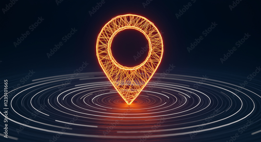 Poster glowing location pin with wireframe design. location pin on dark background with concentric circles.