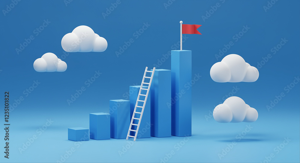 Poster bar graph with ladder and flag on top of the graph. business growth success ladder with clouds in th