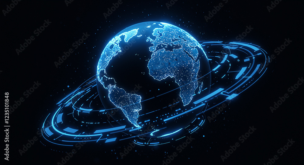 Aufkleber digital globe with 3d technology on dark background. digital earth globe with futuristic rings aroun