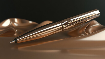 Naklejka premium Elegant rose gold pen rests on a luxurious, bronzetoned fabric. Perfect for advertising luxury goods, stationery, or highend business concepts.