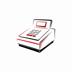 Modern minimalist cash register icon in red and white design. Clean lines create professional business symbol. Concept of retail technology, point of sale, modern commerce.
