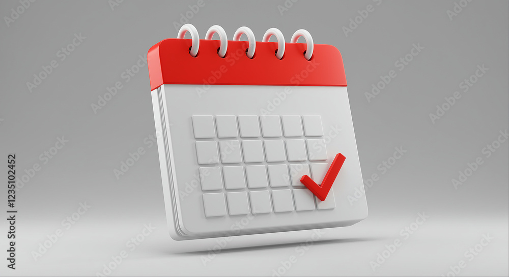 Poster calendar with red check mark on a white background. red calendar with check mark indicating a date