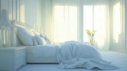 Bright and airy bedroom with soft white linens and natural light streaming through large windows