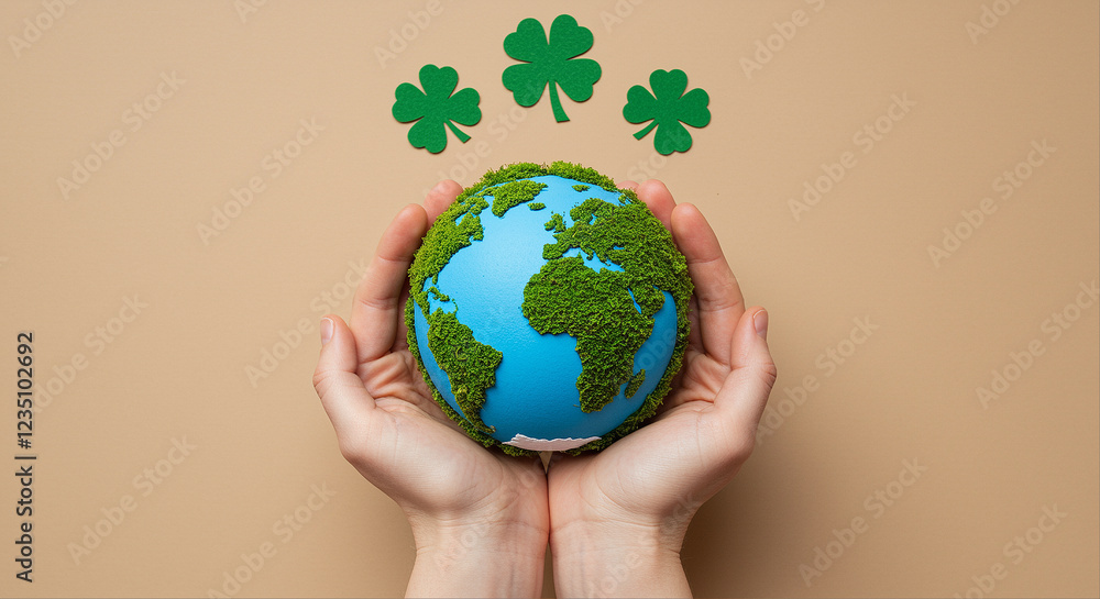 Poster globe in hands with moss and shamrocks. earth globe held in hands with green moss and shamrocks. sus