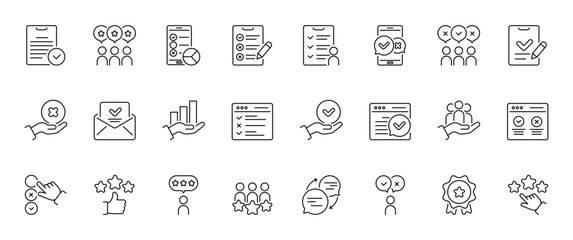Discover our detailed collection of surveythemed thin line icons, perfect for representing ratings and feedback in any project. Ideal for web and graphic design to communicate ideas effectively
