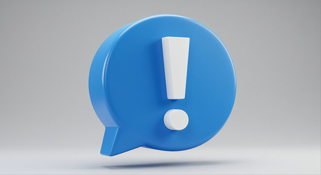 Exclamation mark in blue speech bubble. White exclamation point in blue 3d speech bubble. Graphic design of a blue speech bubble with exclamation mark