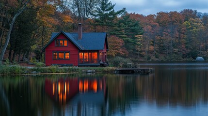 Fototapeta premium The lakeside red house 
