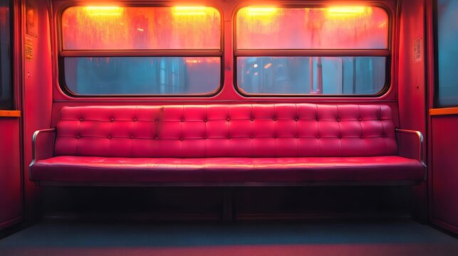 A red bench is empty in a subway car - Powered by Adobe