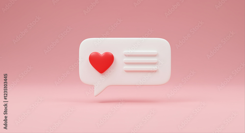 Poster white speech bubble with red heart and message lines on pink background. 3d render speech bubble wit
