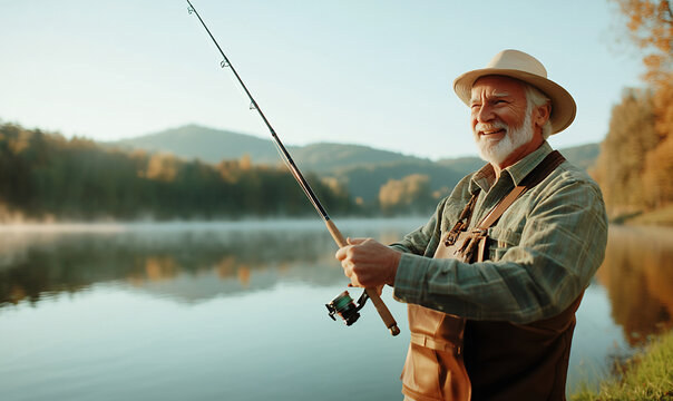 Elderly man fishing by a tranquil lake at sunrise
