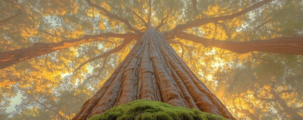 Aweinspiring lowangle shot of a giant trees majestic trunk and expansive branches, bathed in warm, golden sunlight filtering through morning mist.