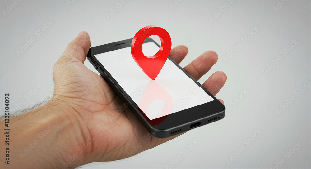 Poster smartphone in hand with red location pin on screen. hand holding smartphone with location pin on dis