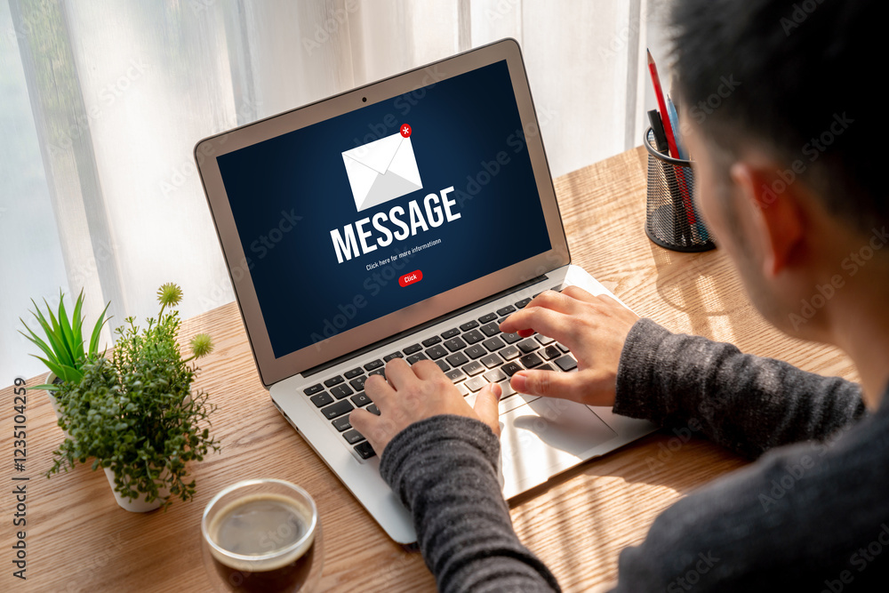 Poster email notification message showing on computer screen snugly. digital marketing message information 