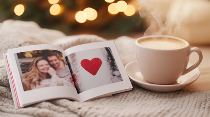 Creative valentine gift ideas: a cozy photo book and warm coffee setting