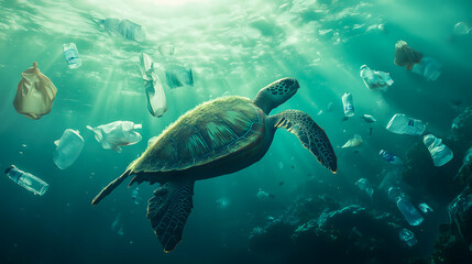 Fototapeta premium dramatic underwater scene showing a sea turtle trapped in a cloud of floating plastic bags and bottles