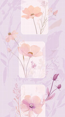 Floral Harmony: Three delicate cosmos flowers, each cradled within a soft-edged frame, bloom against a watercolor backdrop, evoking a sense of tranquility and natural beauty.