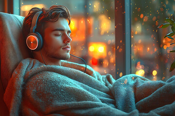 Obraz premium Serene young man relaxes in comfy robe, eyes closed, listening to music with headphones by a window. Warm, cozy atmosphere perfect for relaxation, music, comfort, and wellbeing themes.