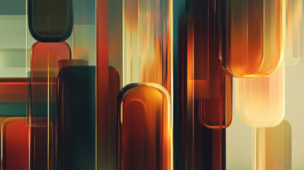 Modern geometric abstraction with staggered rectangular layers, subtle gradients transitioning from deep amber to soft gold, light and shadow interplay creating dimensionality