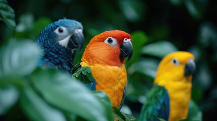 Fototapeta premium Colorful macaws and conures perching amidst dense green foliage in a tropical rainforest during daylight.