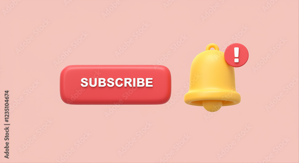 Poster subscribe button and notification bell with alert icon. red subscribe button and yellow notification