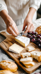 Artisan cheese board preparation with fresh grapes and bread