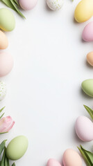 Obraz premium Elegant easter vertical frame with colorful eggs and tulips for festive design