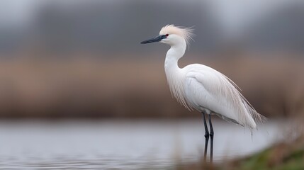 Naklejka premium Snowy egret wading in wetland, blurred background