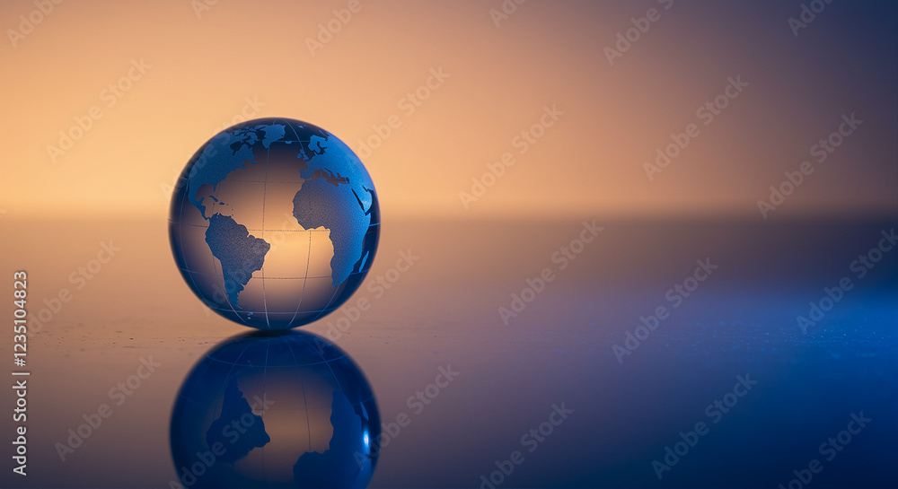 Poster globe on reflective surface with world map. glass globe with earth map on reflective surface. enviro