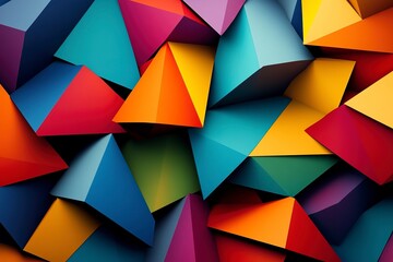 Obraz premium Dynamic arrangement of sharp triangles and hexagons in vibrant colors creating a striking visual impact