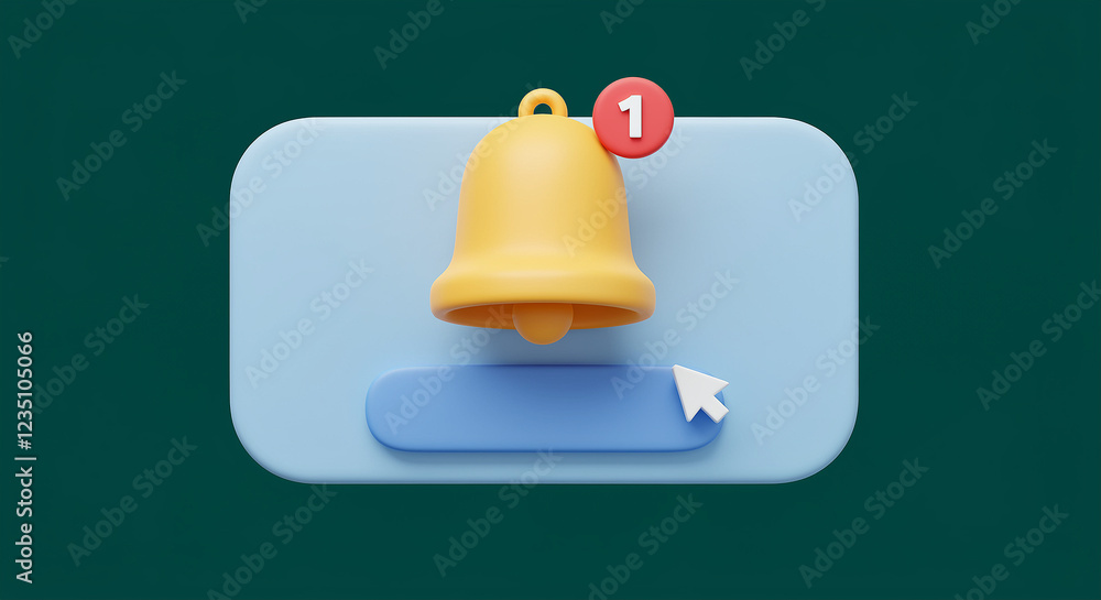 Poster notification bell with a red notification badge and a cursor on a blue button. yellow notification b