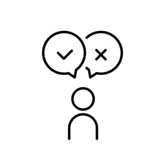 This line art illustration shows a thoughtful person contemplating choices, featuring speech bubbles with yes and no options, symbolizing decisionmaking and the evaluation of surveys