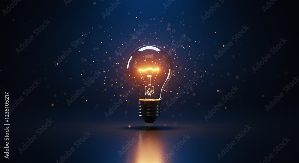Poster glowing light bulb on dark background with bokeh effect. light bulb with filament emitting light