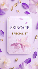 Skincare Specialist: Softly lit, an elegant display of a skincare specialist. Petals of various purple hues surround a card detailing the profession, emphasizing care and wellness.