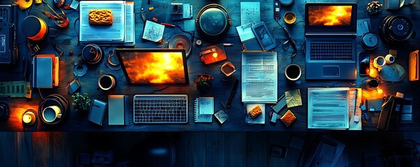 Fototapeta premium Overhead view of a cluttered workspace, bathed in moody blue light with warm candlelight accents. Screens display fiery imagery, suggesting a dramatic project underway.