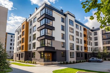 Luxury Urban Living: Modern Residential Building with Contemporary Design in a Vibrant Cityscape Under a Bright Sky, Representing High-End Real Estate and Architectural Innovation