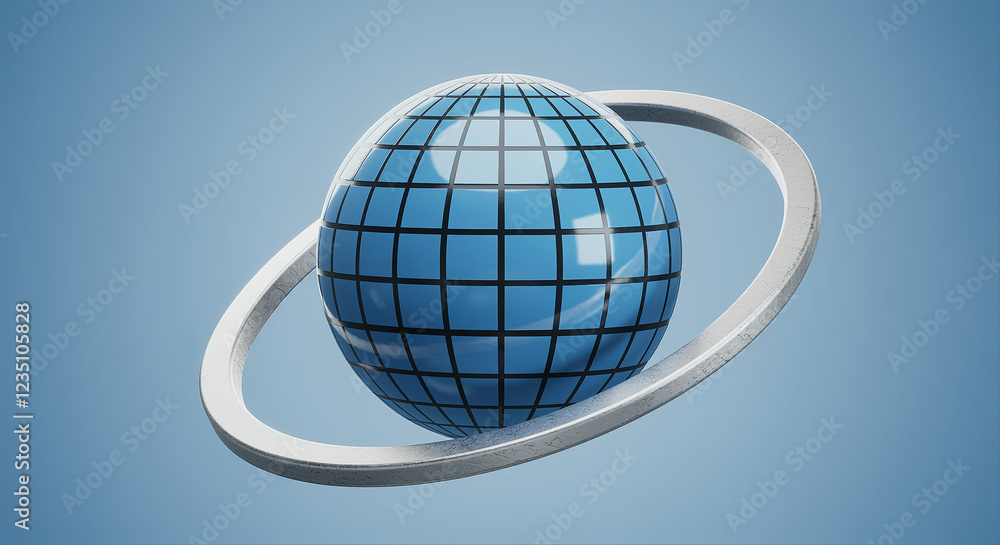 Poster 3d globe with silver ring on a blue background. technology illustration of a globe with a grid patte