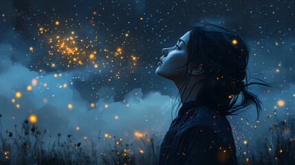 Woman gazing at a starry night sky with fireflies. Dreamy Surrealism. Illustration
