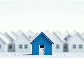 Unique Property Concept: Bright Blue House Standing Out Among White Homes, Symbolizing Individuality, Real Estate Market, and Housing Choices