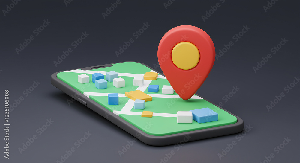 Poster Smartphone with map and location pin on screen. 3D rendering of smartphone with map and location pin