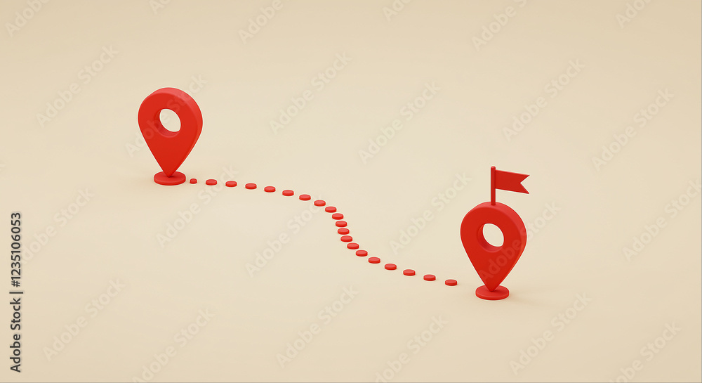 Poster red location pins show a path. navigation with location pins on a light background
