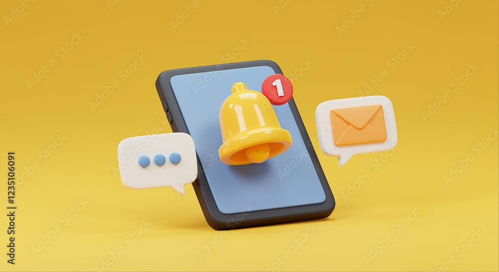Poster smartphone with notification bell and message icons. smartphone with notification message and email 
