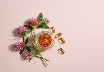 Natural supplements with red clover and softgel capsules on pink background