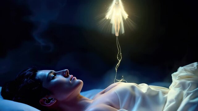 Astral Projection Animation: Floating Soul Separation from Physical Body with Light Thread Attachment